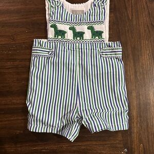 Green and White Striped Shortalls 6-12M